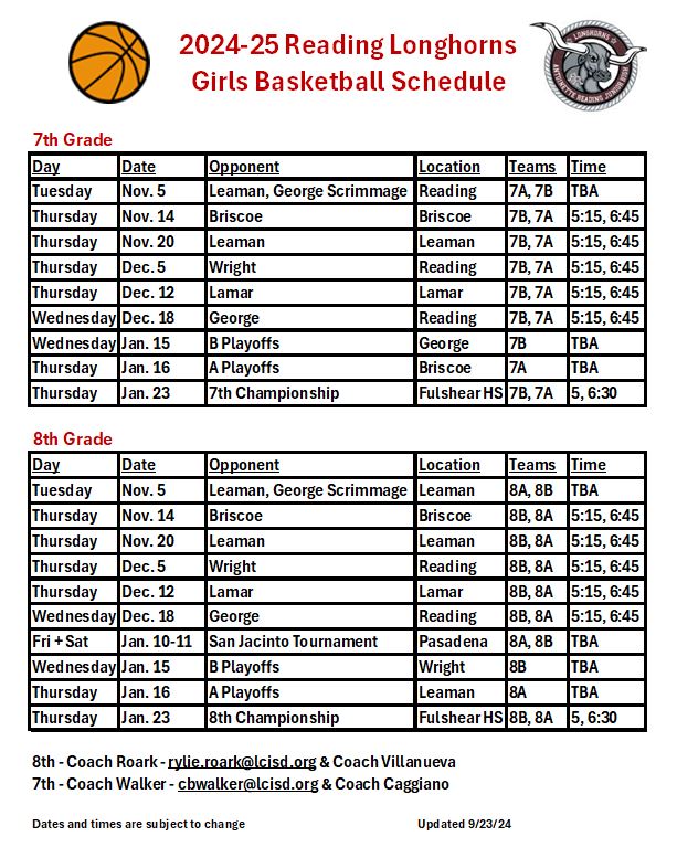 24-25 Girls BB Schedule